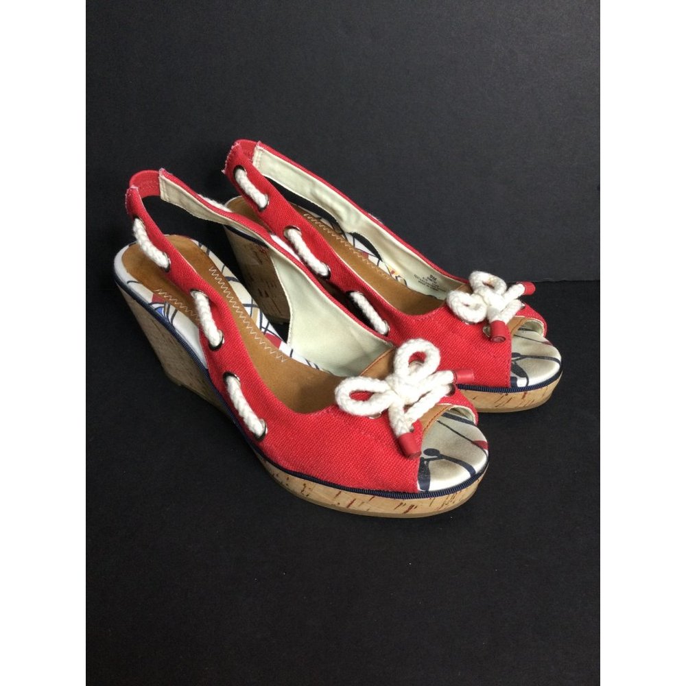 Sperry Womens Shoes size 9M Nautical Wedge Heeled Sandal Peep Toe Bows